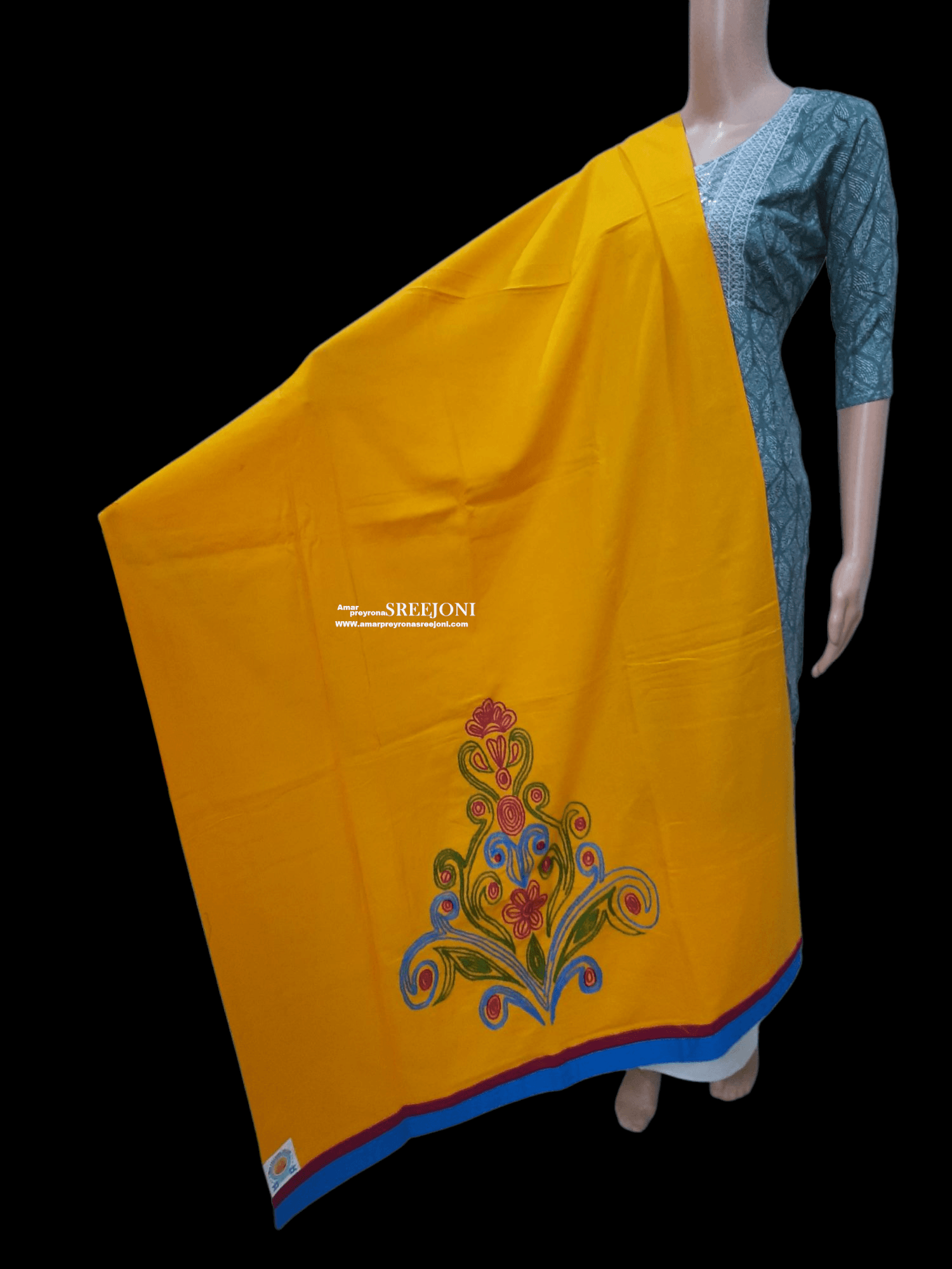 hand embroided pure cotton yellow color long dupatta udable for girl and women