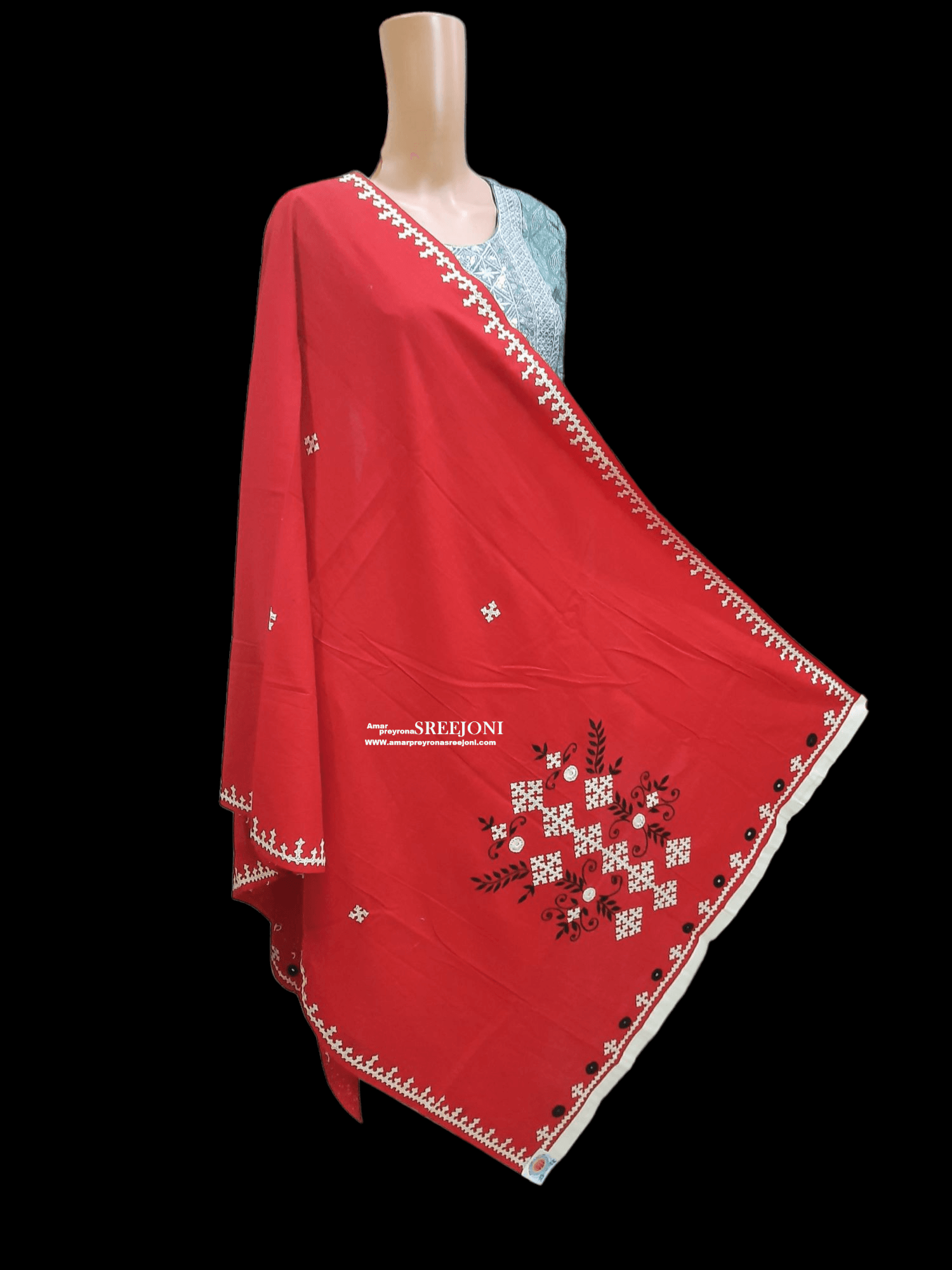 A beautiful hand embroided pure cotton red color dupatta