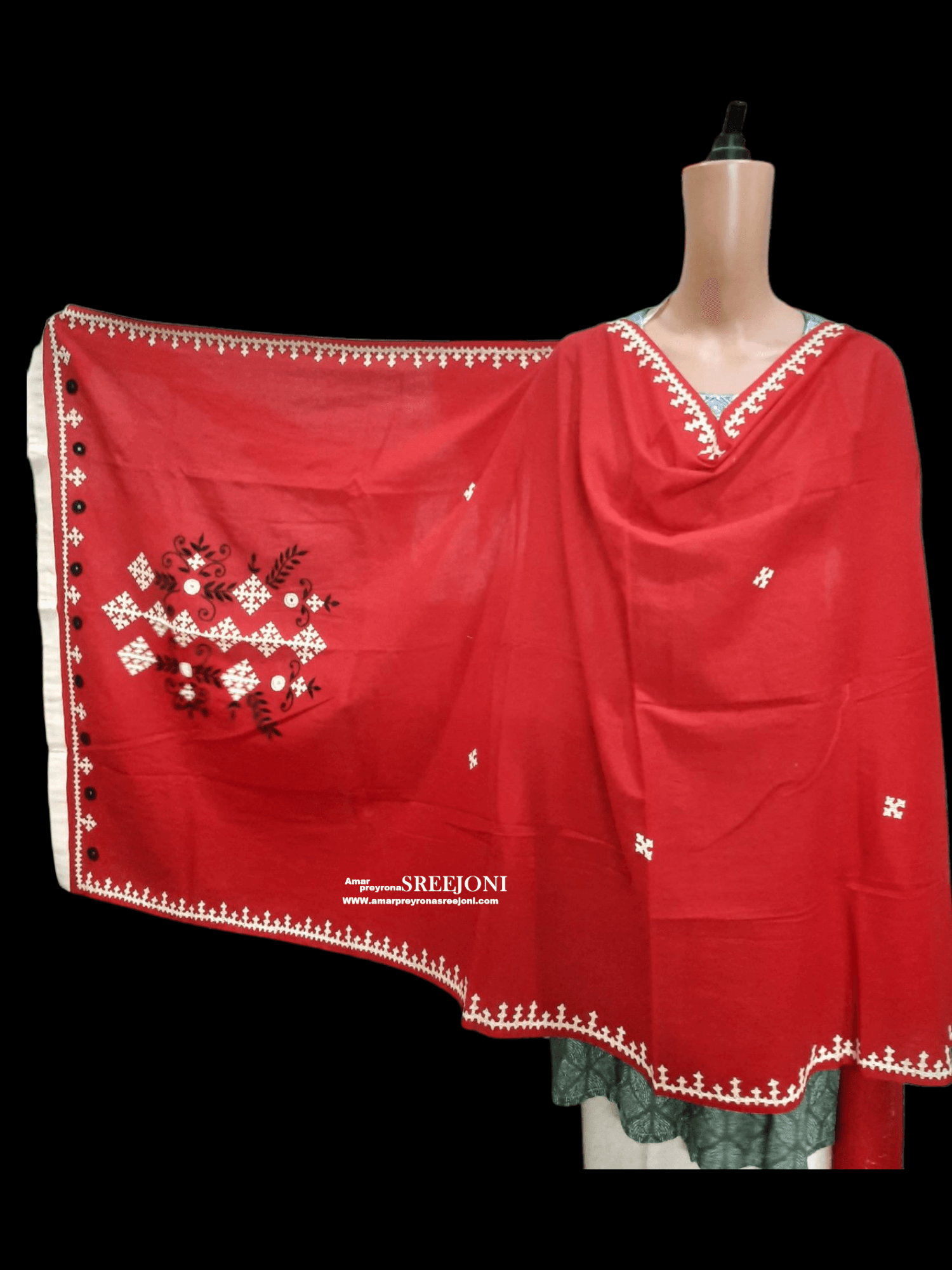 A beautiful hand embroided pure cotton red color dupatta