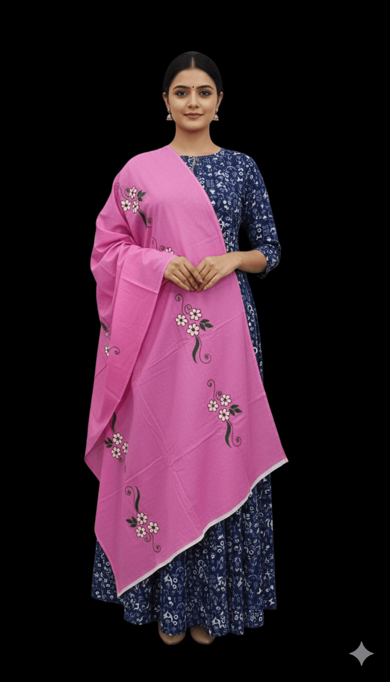 Elegant Trendy hand embroided pure cotton Pink color dupatta