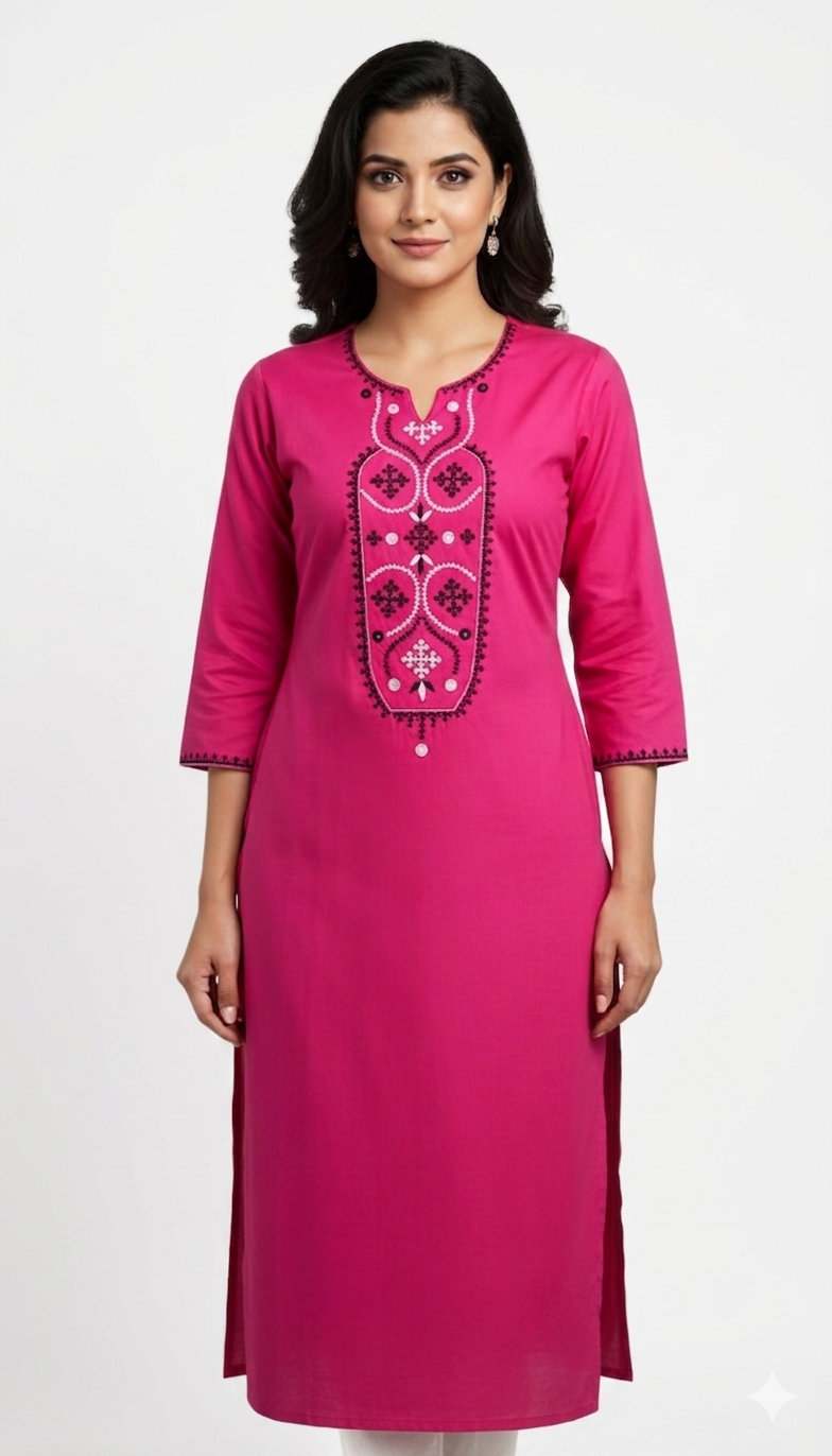 Hand embroided pure cotton Pink color gujrati work kurti piece 3miter