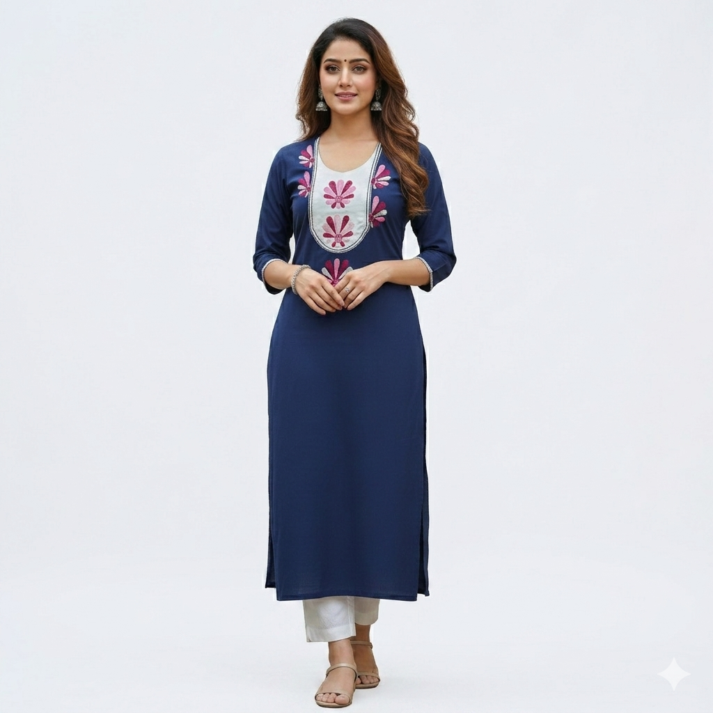 Beautiful Designing Hand embroided pure cotton navy blue color 3miter kurti piece