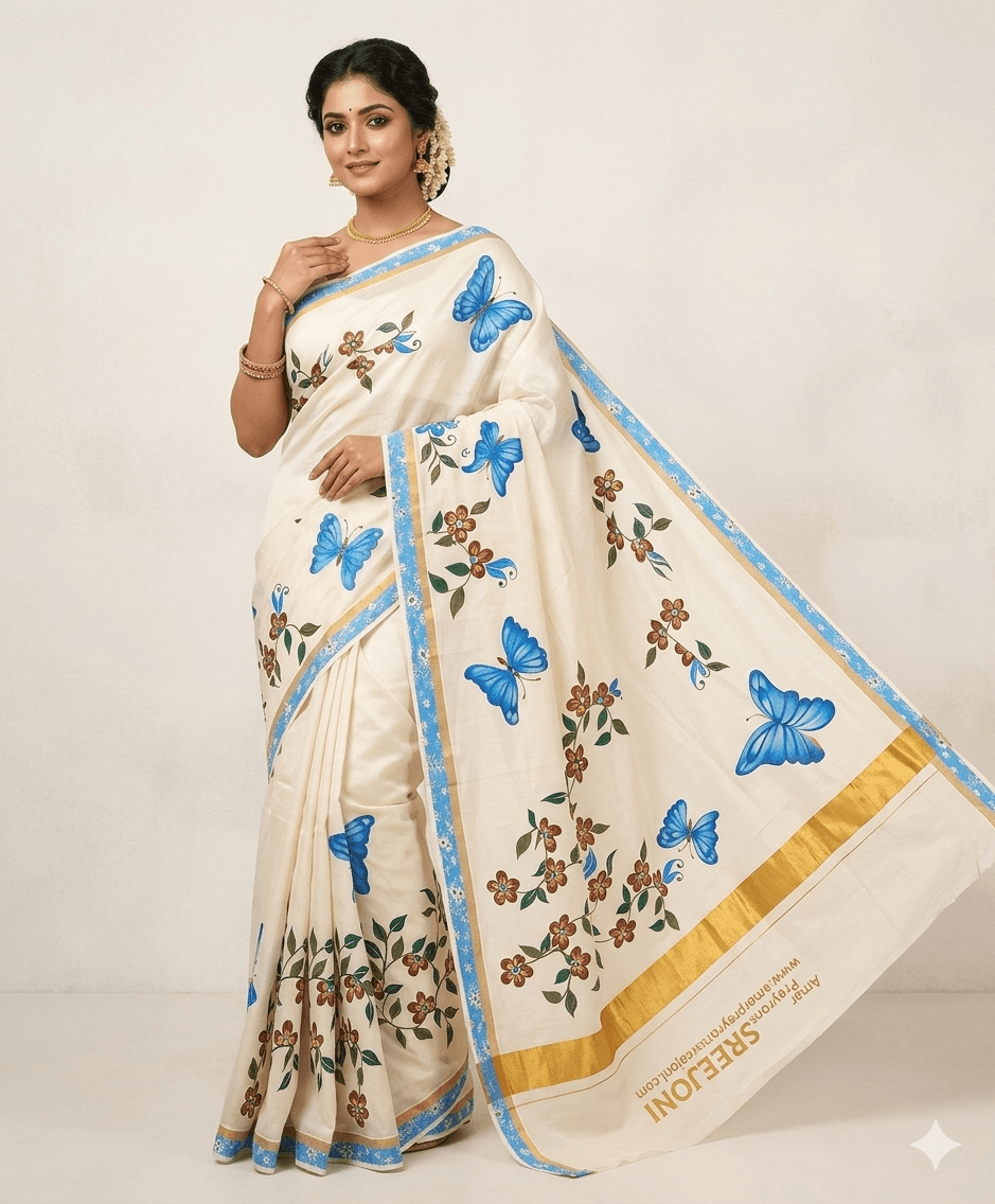 kerela cotton hand painted fabric work saree