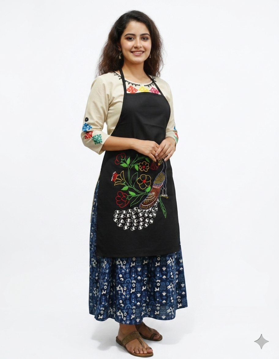 Hand embroided pure cotton work black color appron use for kitchen