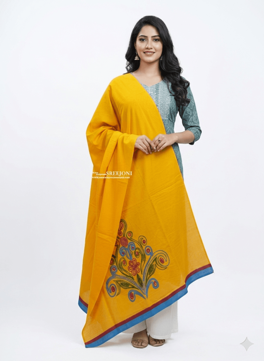 hand embroided pure cotton yellow color long dupatta udable for girl and women