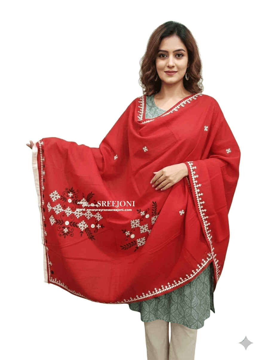 A beautiful hand embroided pure cotton red color dupatta