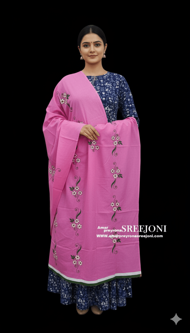 Elegant Trendy hand embroided pure cotton Pink color dupatta
