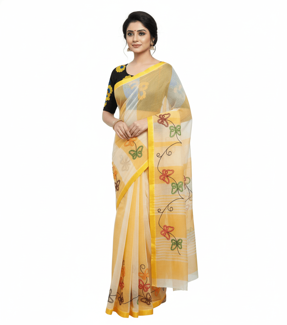 beautiful hand embroided pure cotton dhonekhali yellow color saree