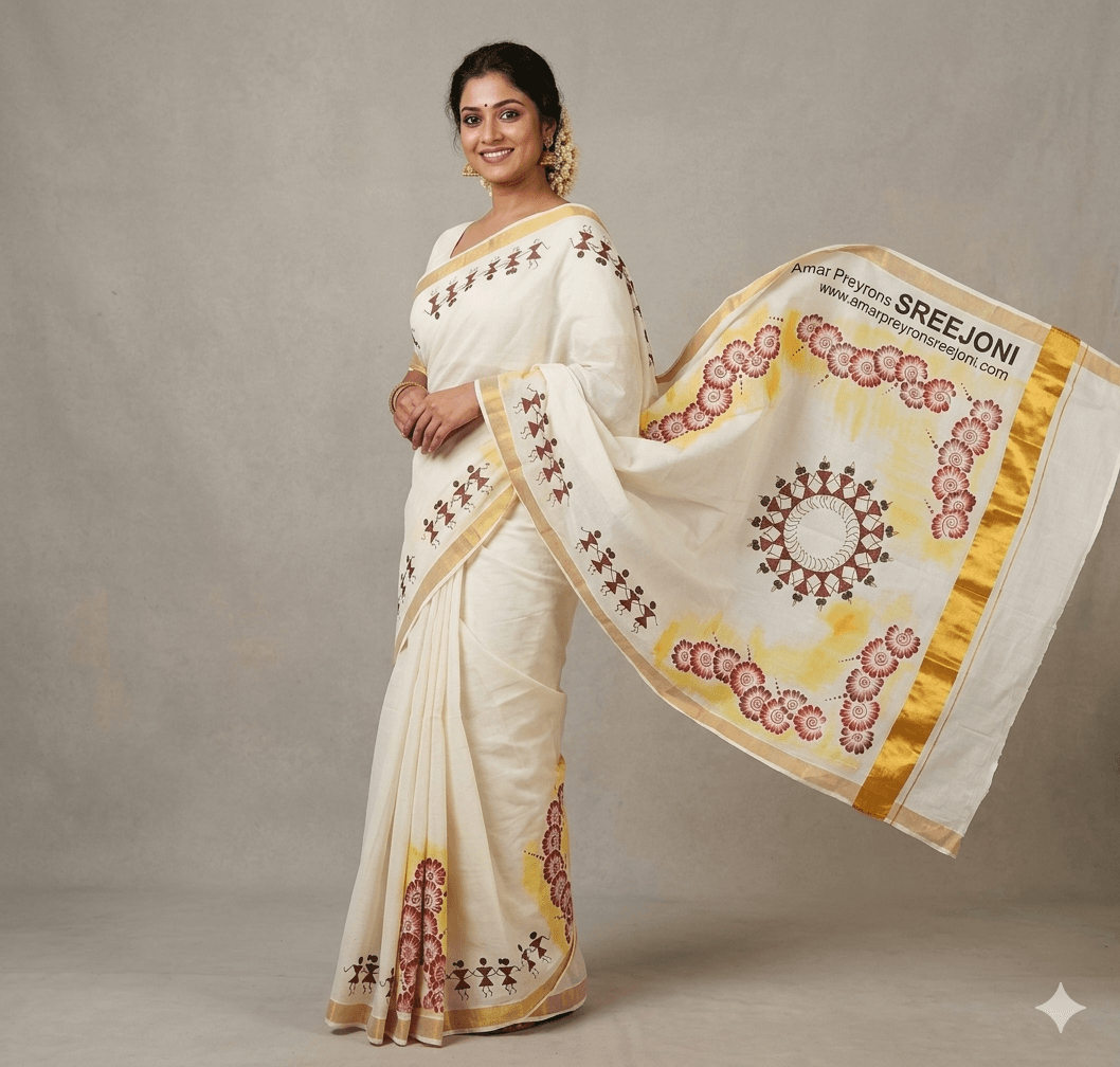 Hand Painted pure kerela cotton fabric work saree