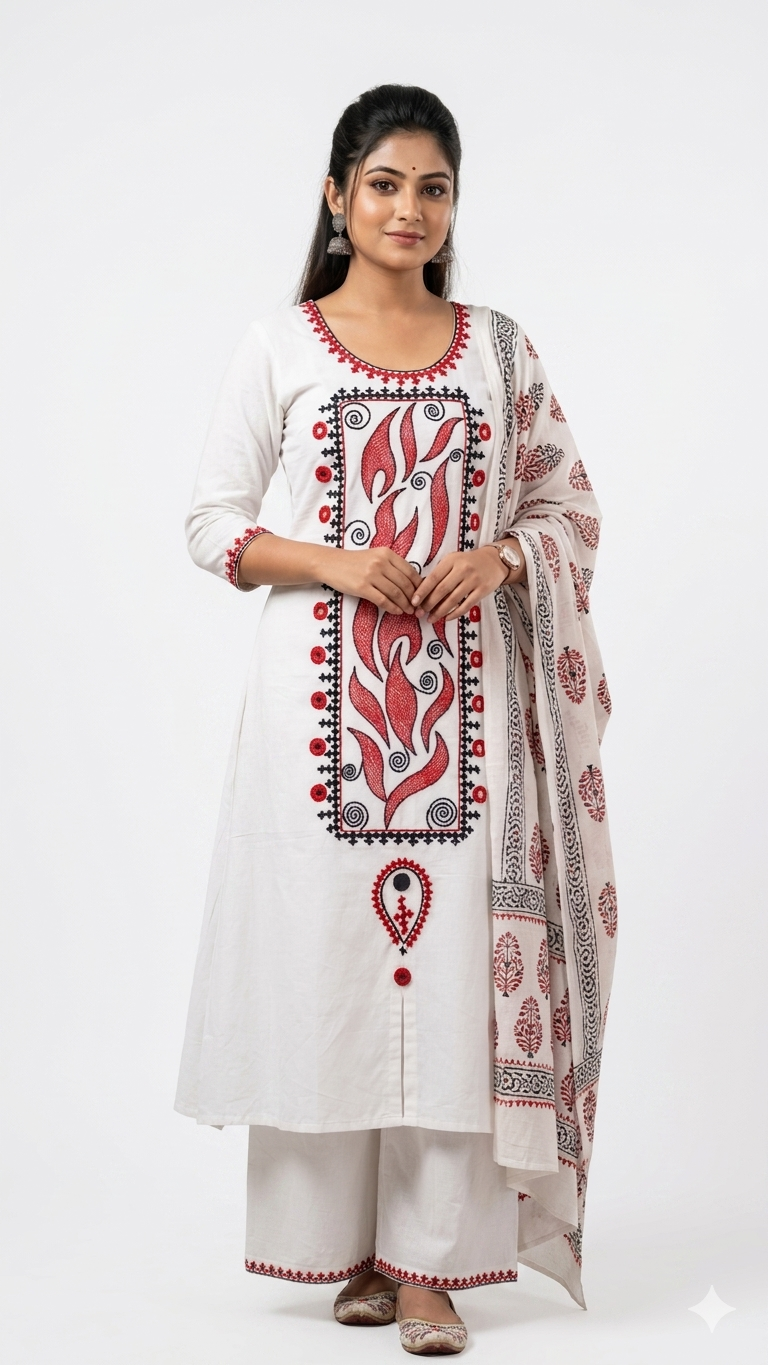 Hand embroided pure cotton white color kurti piece 3miter