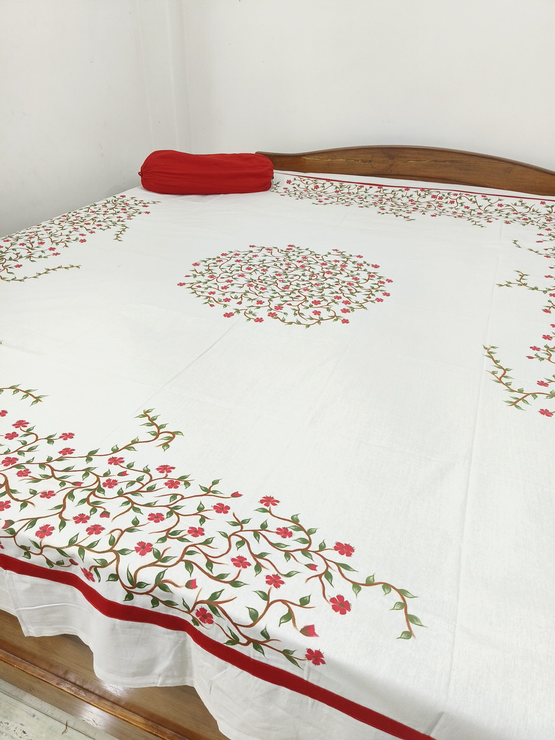 Hand painted fabric work pure cotton double size white color bedsheet without pillow cover