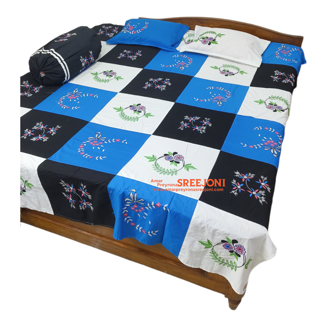 Hand embroided pure cotton double size bedsheet with 2pillow cover and 1round pillow cover