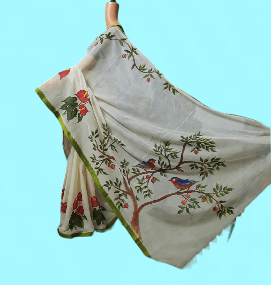 Hand embroided pure cotton dhonekhali febric work saree