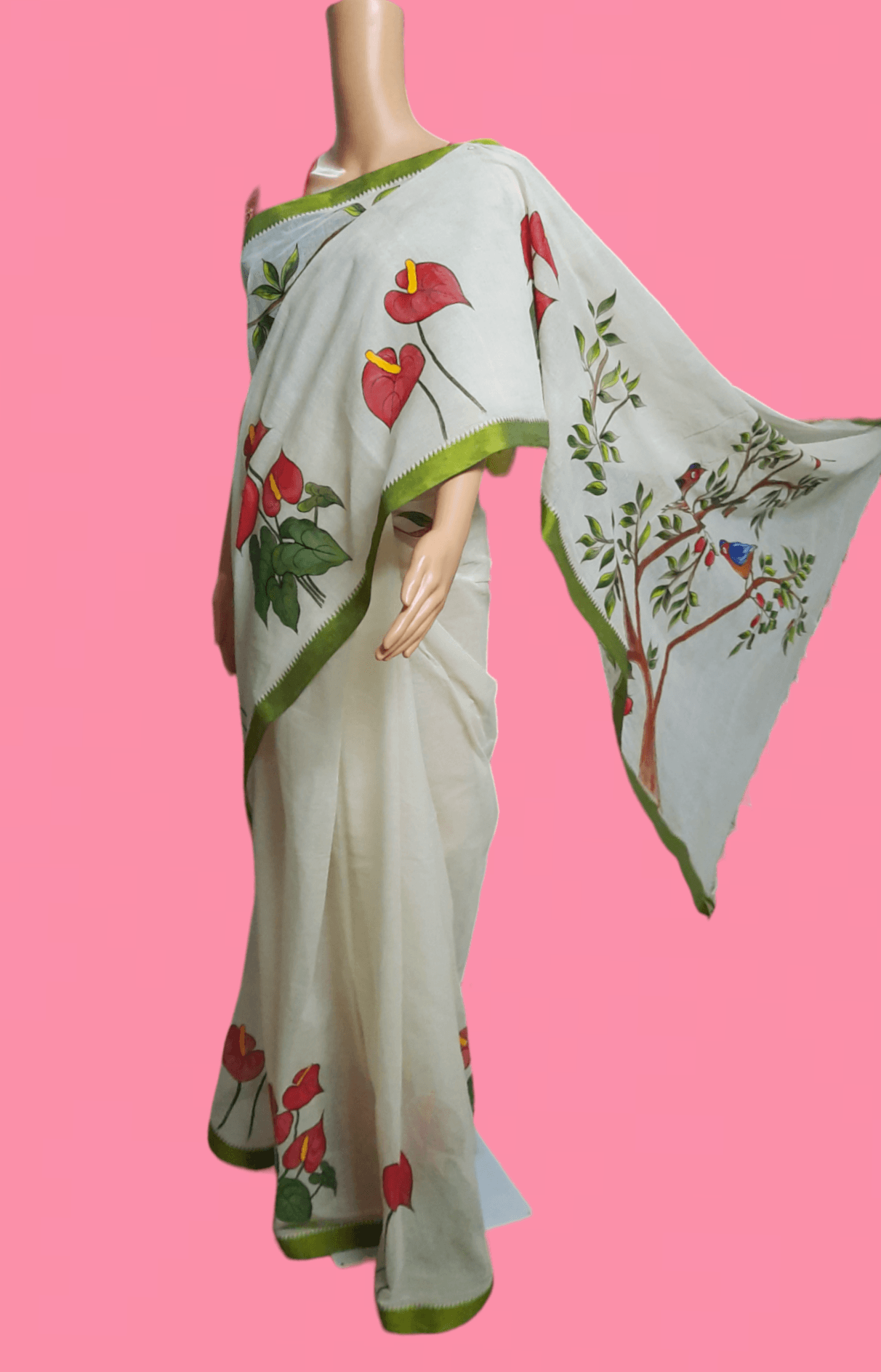 Hand embroided pure cotton dhonekhali febric work saree