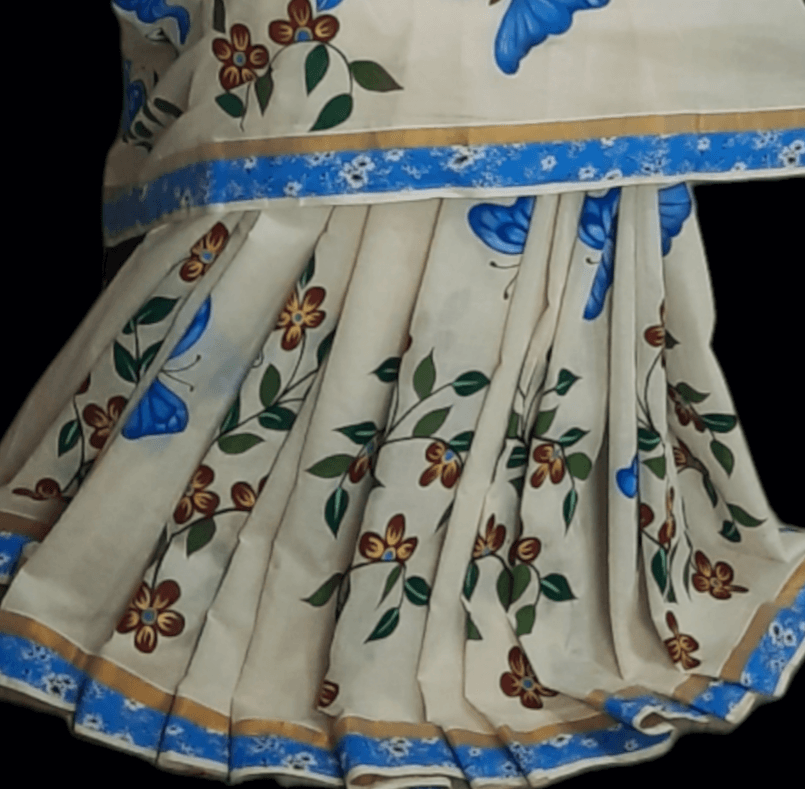 kerela cotton hand painted fabric work saree