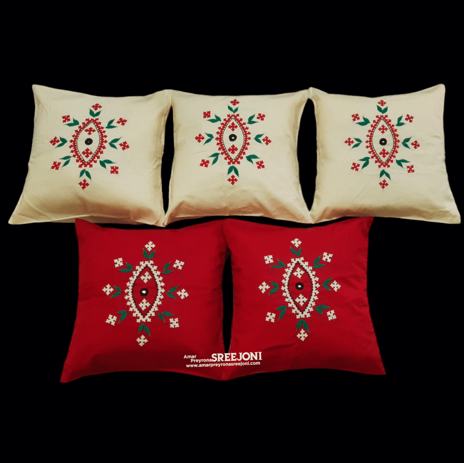 red and beige color pure cotton hand embroided cussion cover set of 5pic