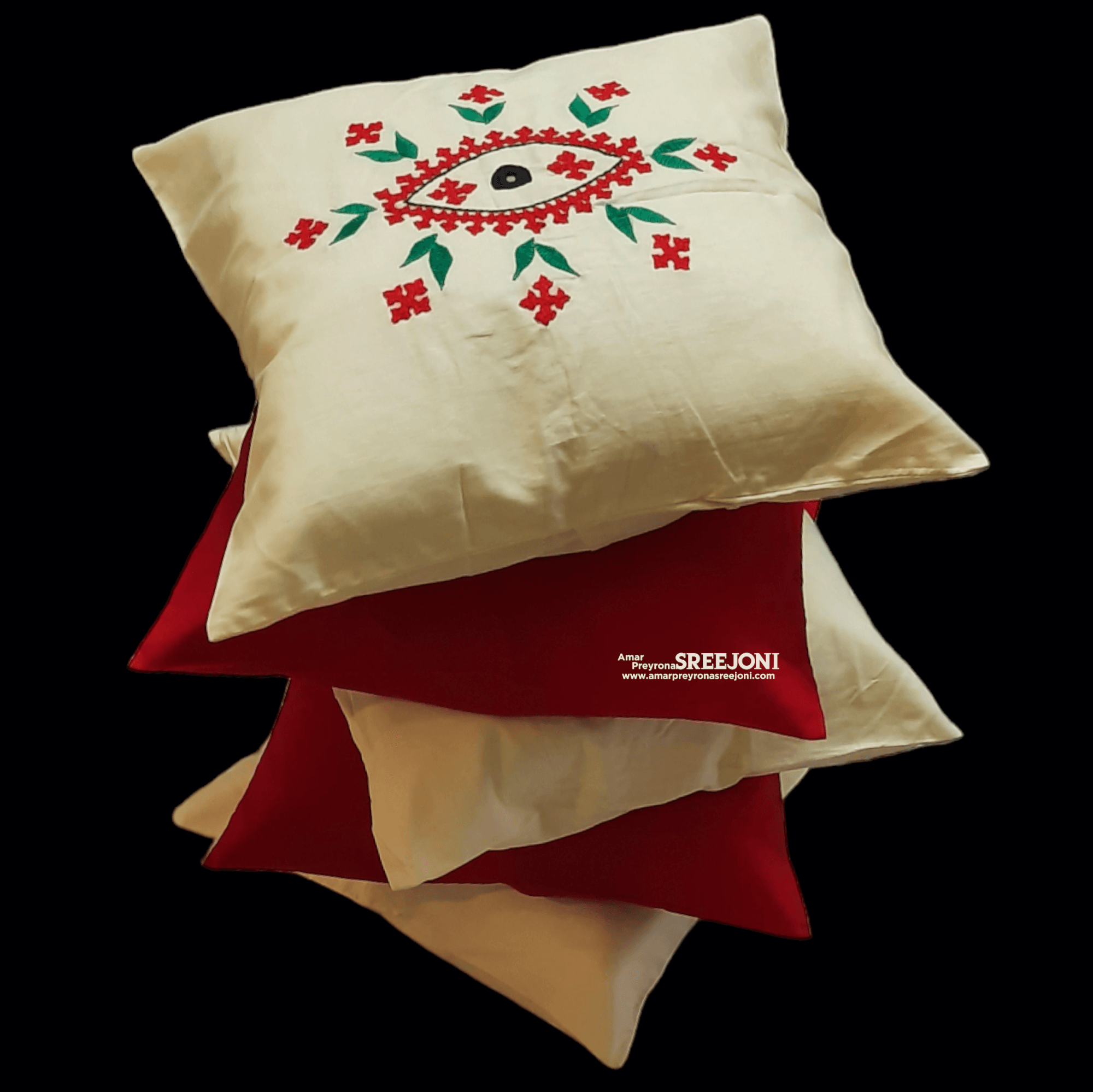 red and beige color pure cotton hand embroided cussion cover set of 5pic