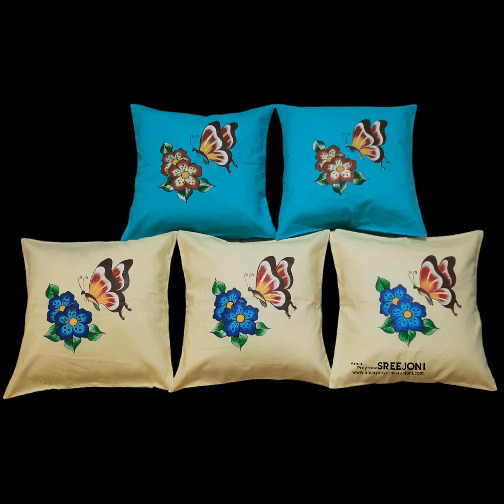 Hand embroided pure cotton fabric work blue and beige color Cussion Cover pack of 5pic