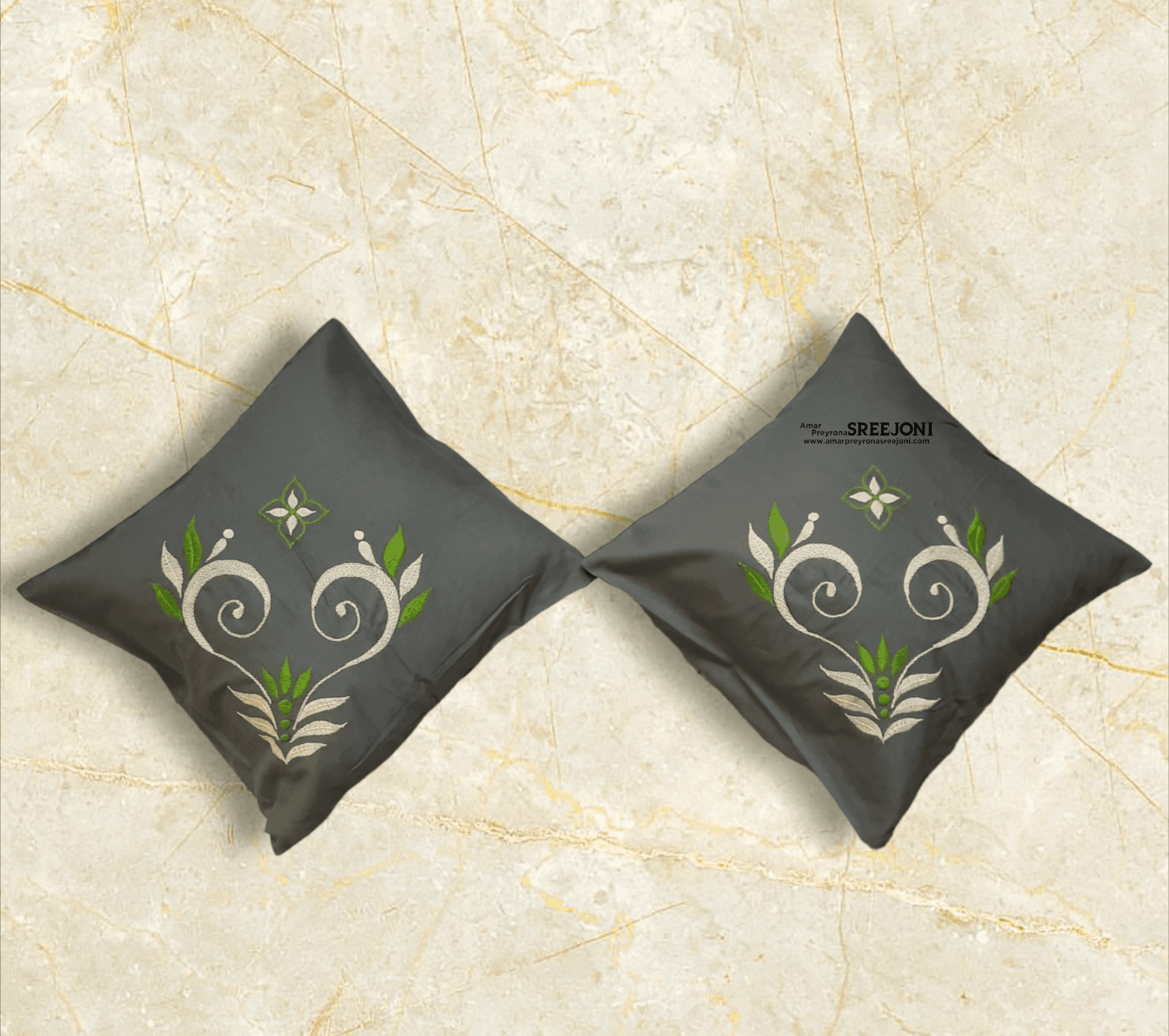 grey and green color pure cotton hand embroided cussion cover set of 5pic