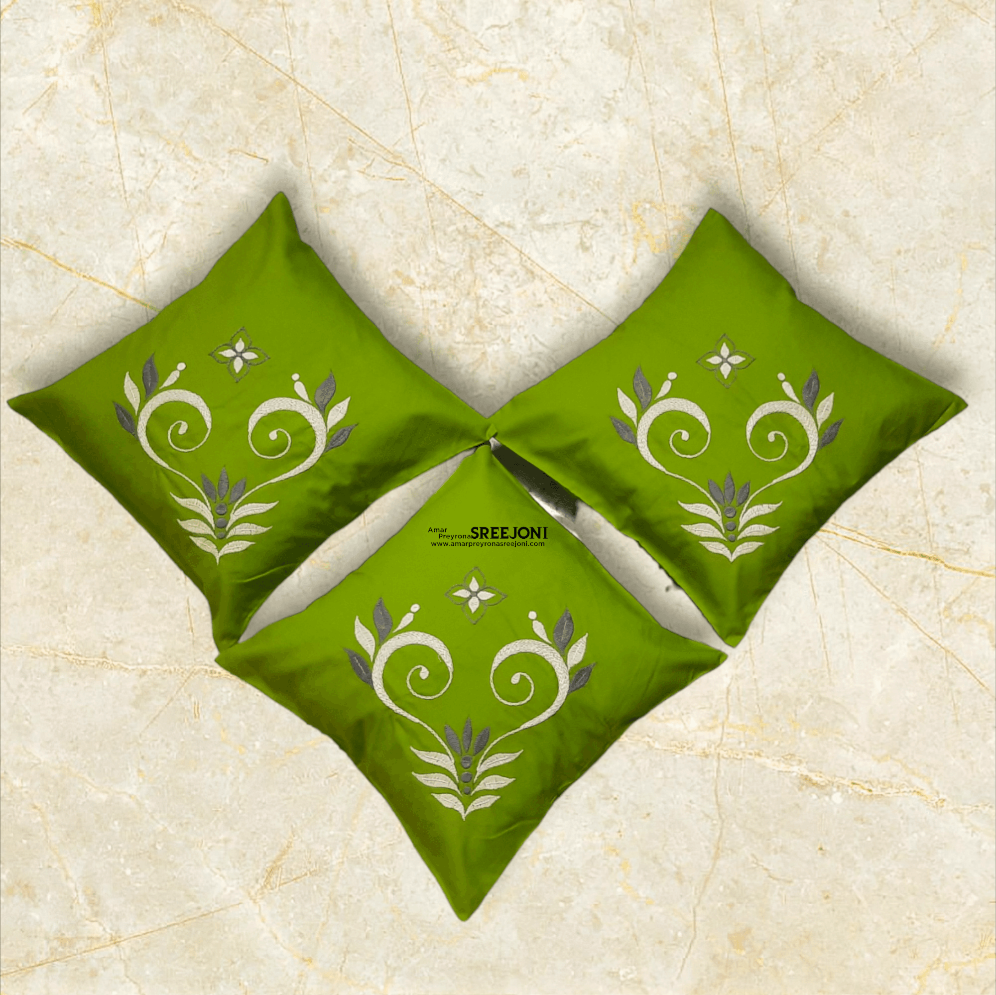 grey and green color pure cotton hand embroided cussion cover set of 5pic