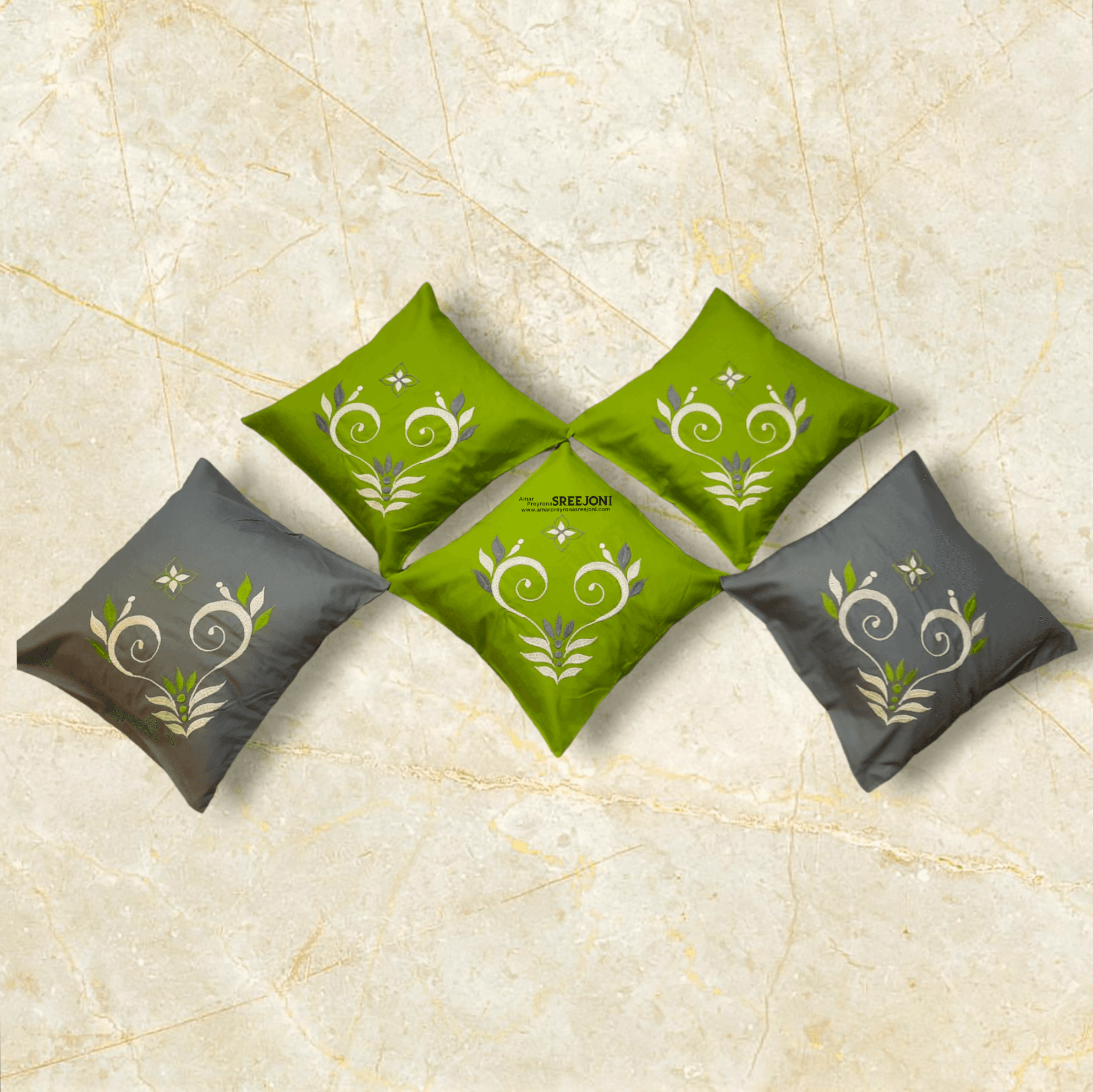 grey and green color pure cotton hand embroided cussion cover set of 5pic