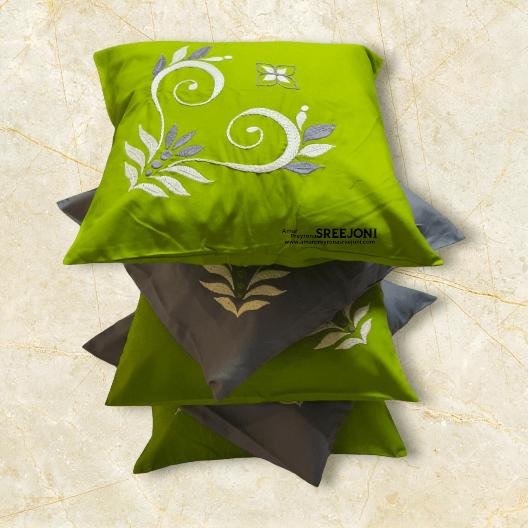 grey and green color pure cotton hand embroided cussion cover set of 5pic