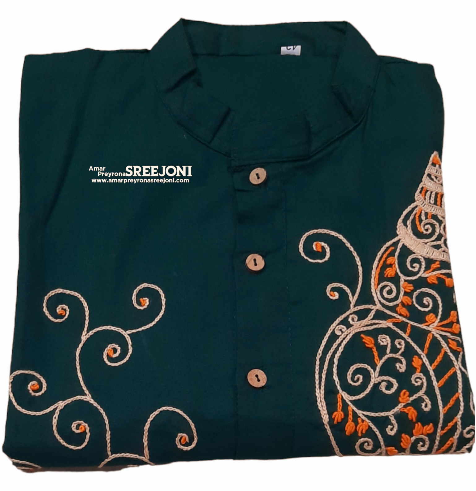 Hand embroided pure cotton dark green color free size punjabi for man