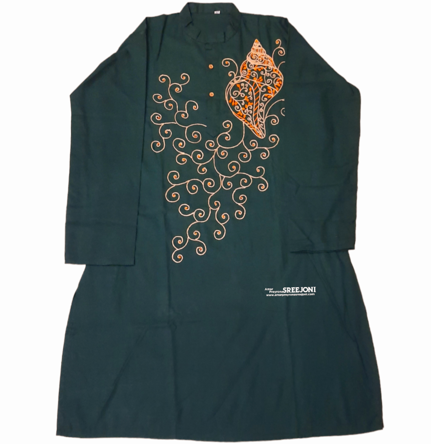 Hand embroided pure cotton dark green color free size punjabi for man