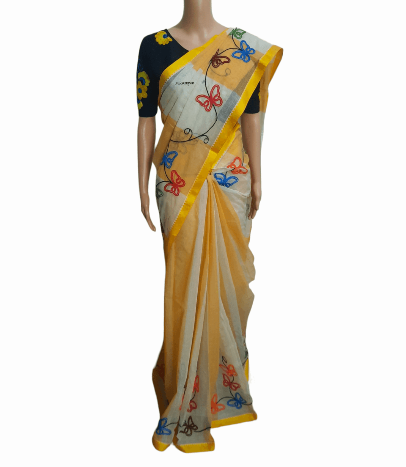 beautiful hand embroided pure cotton dhonekhali yellow color saree