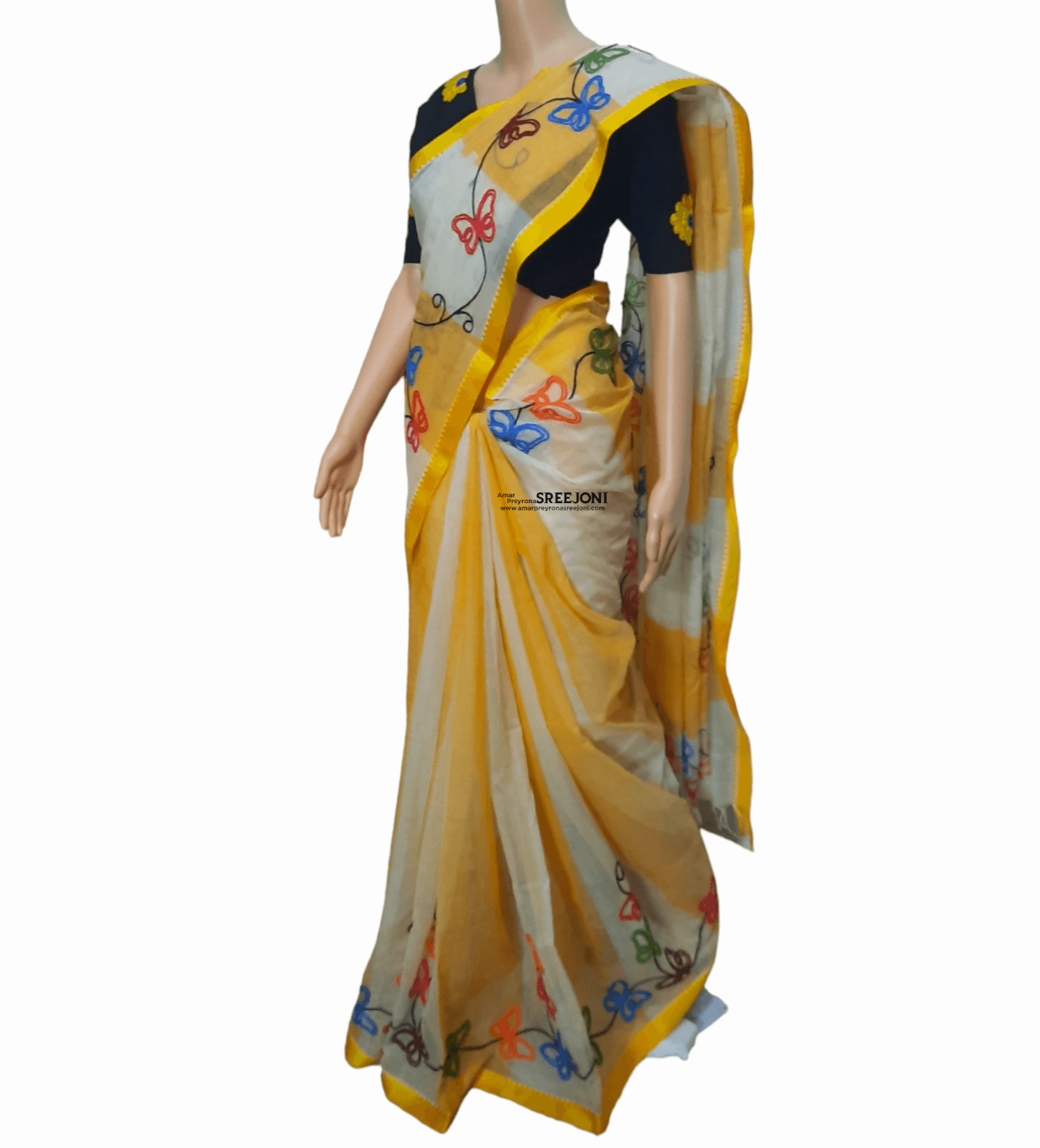 beautiful hand embroided pure cotton dhonekhali yellow color saree