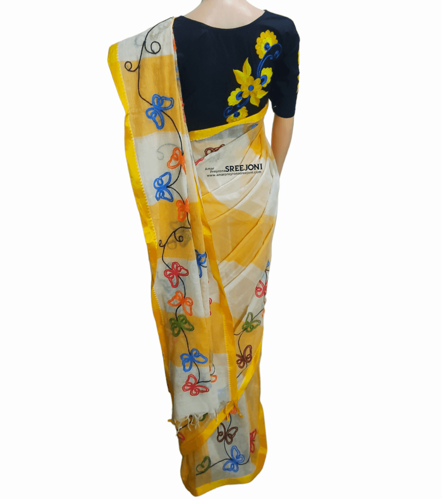 beautiful hand embroided pure cotton dhonekhali yellow color saree