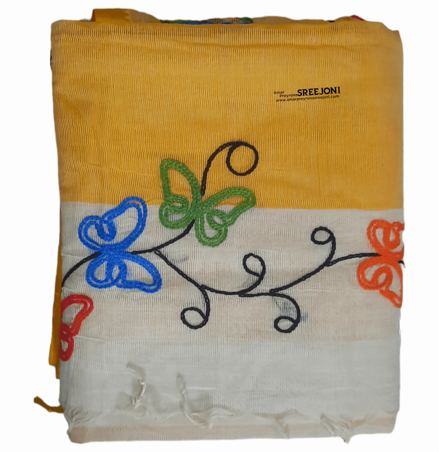 beautiful hand embroided pure cotton dhonekhali yellow color saree