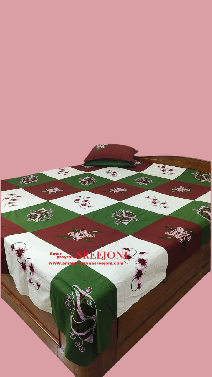 hand embroided pure cotton queen size double bedsheet color white green and maroon