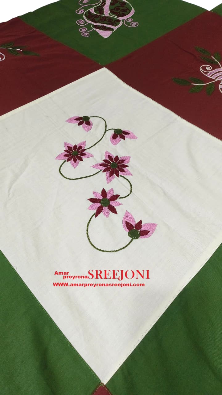 hand embroided pure cotton queen size double bedsheet color white green and maroon