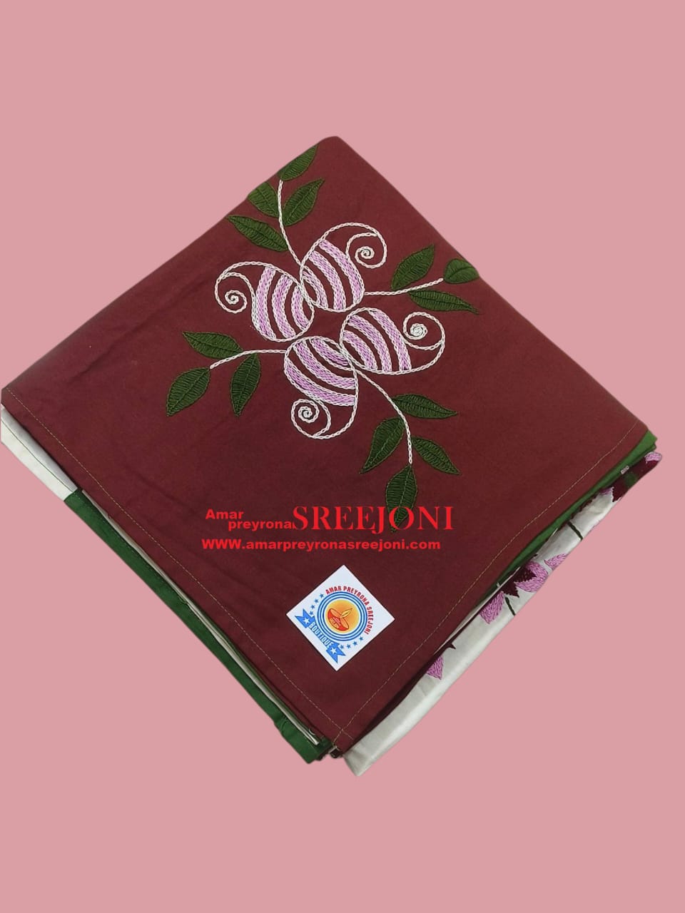 hand embroided pure cotton queen size double bedsheet color white green and maroon