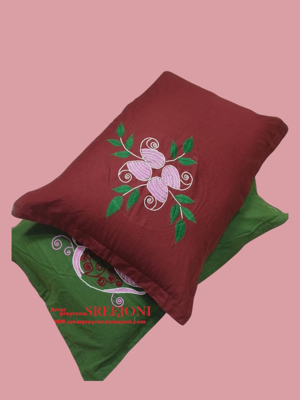 hand embroided pure cotton queen size double bedsheet color white green and maroon