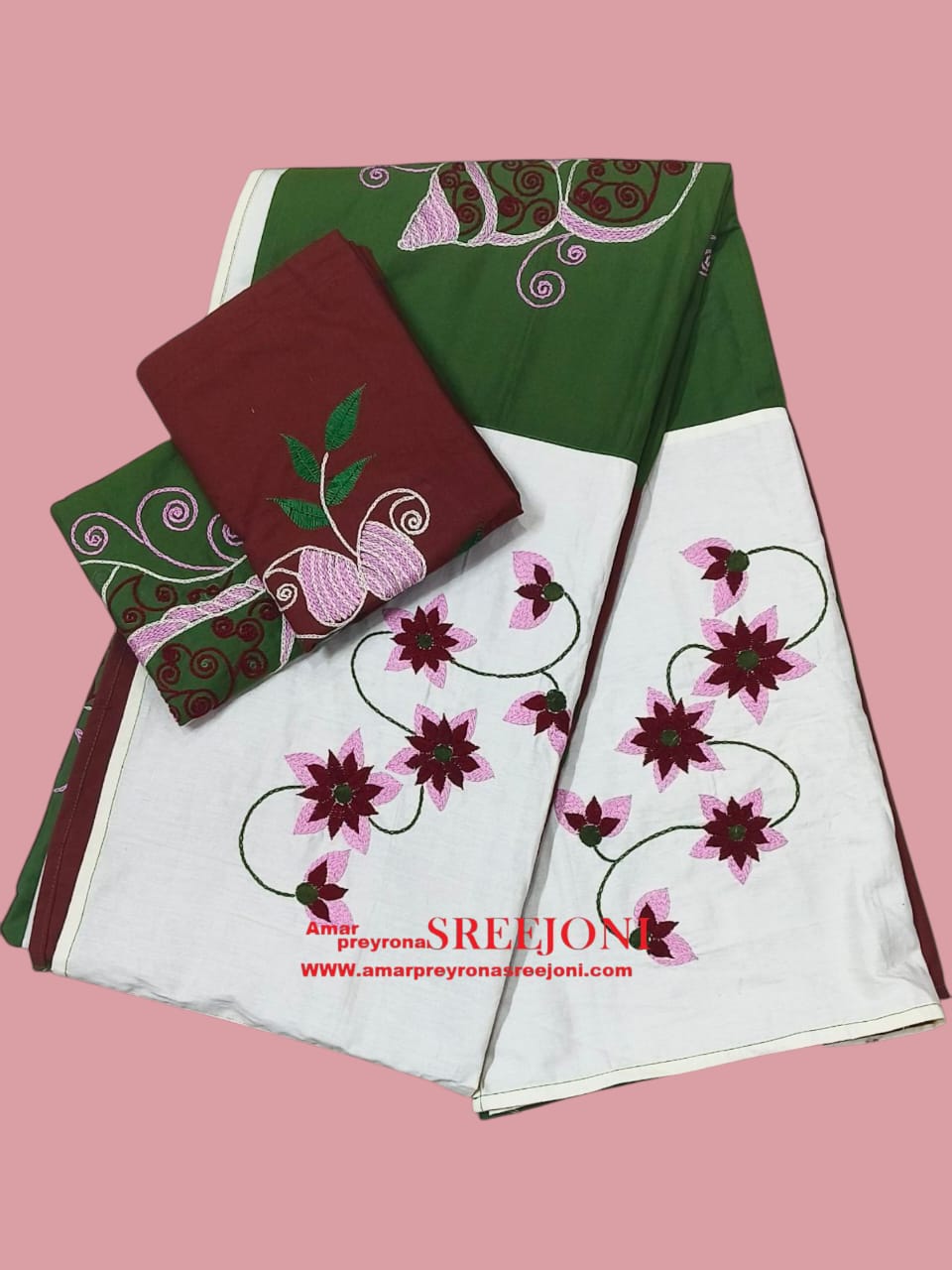 hand embroided pure cotton queen size double bedsheet color white green and maroon