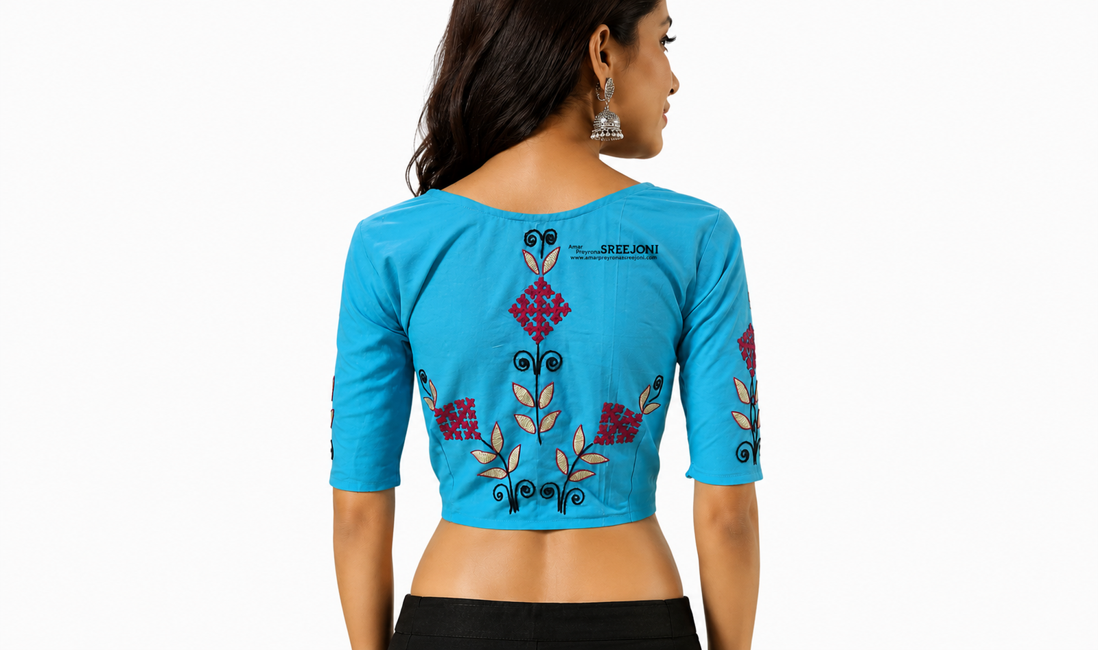 Hand embroided pure cotton blue color blouse usable for women and girls