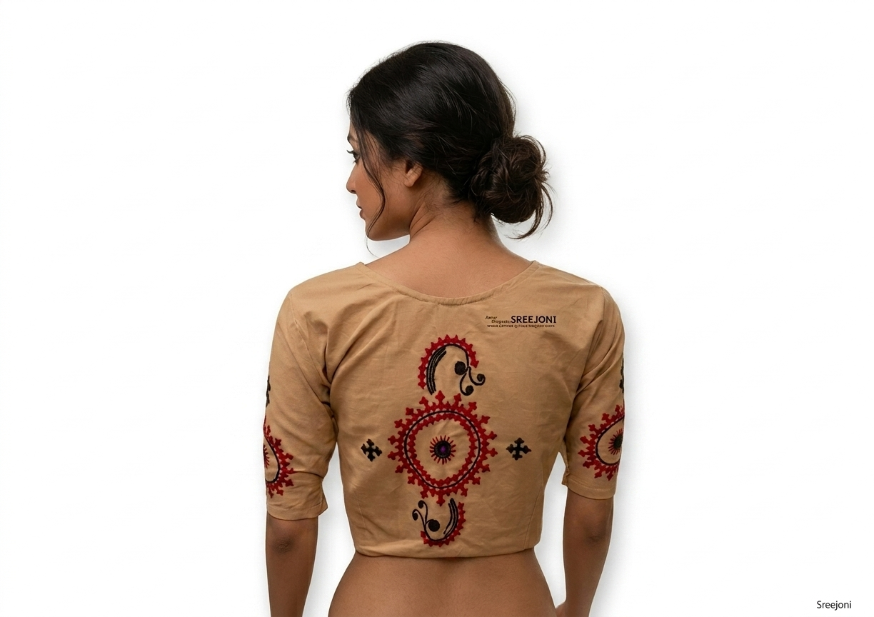 Hand embroided pure cotton v-neck font hook beige color blouse