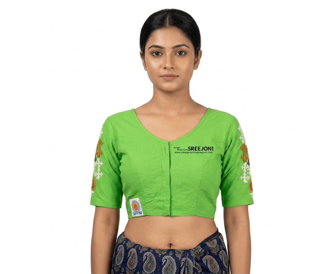 Hand Embroidery Pure Cotton Green Color V-Neck Designing Blouse for Women And Girls