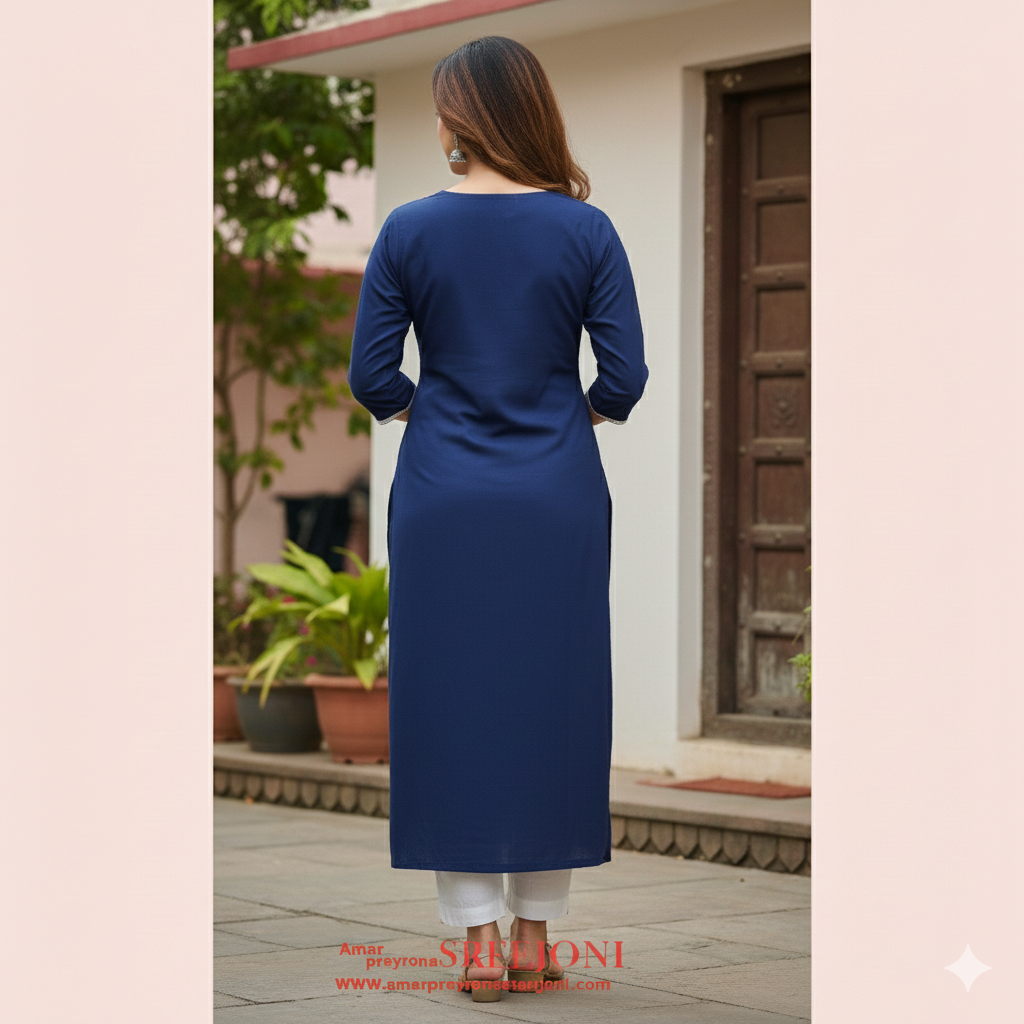 Embroided pure cotton 2.5 miter Navy blue color kurti piece usable for women and girls
