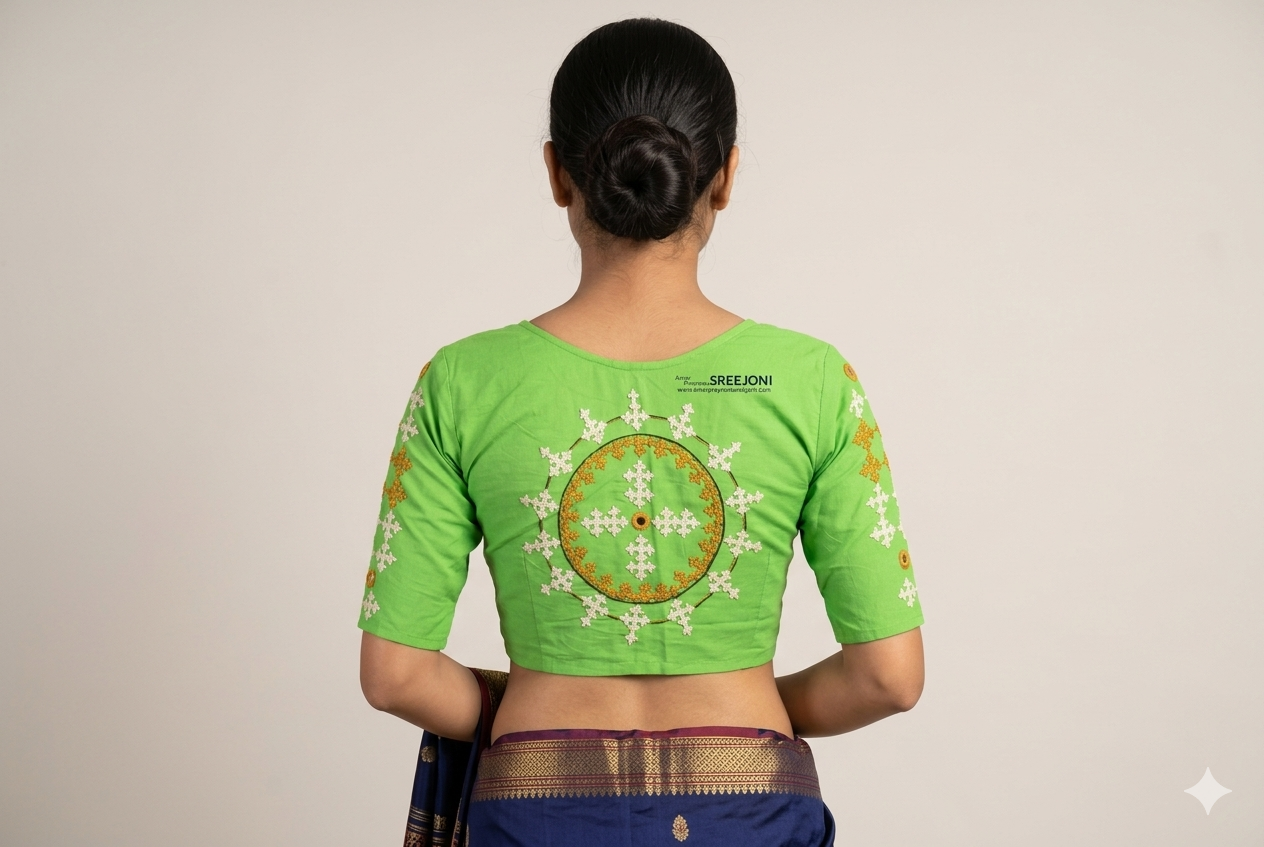 Hand embroided pure cotton font hook green color blouse
