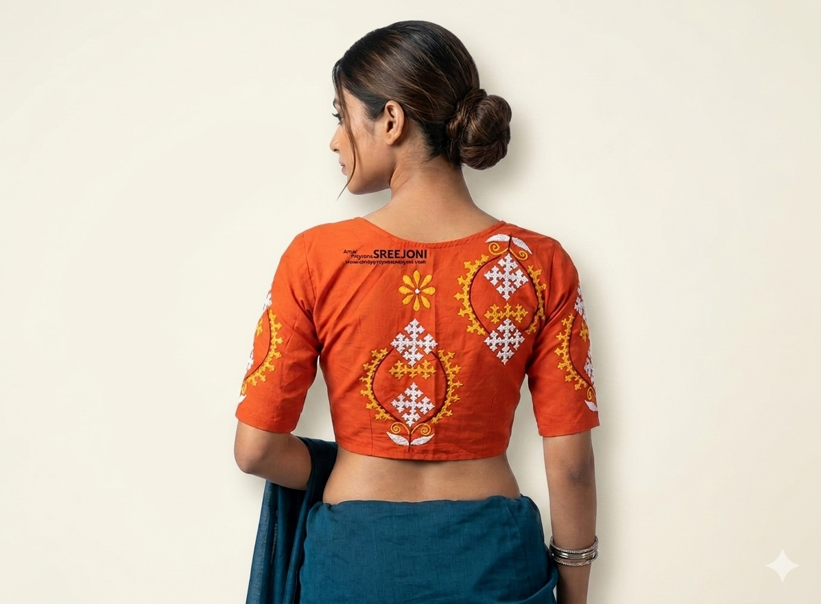 Hand embroided pure cotton orange color front hook round neck blouse