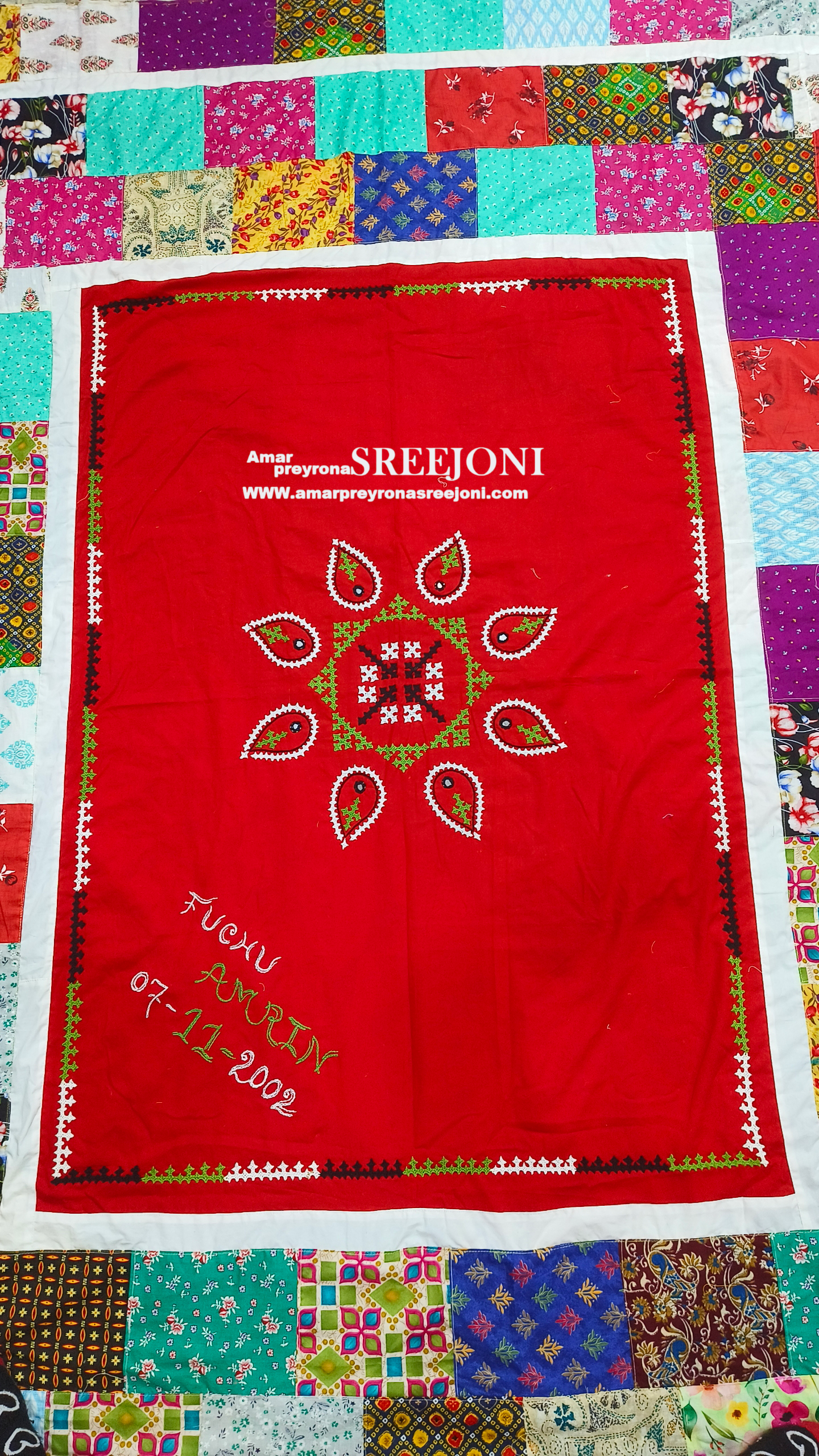hand embroided and fabric work pure cotton both side usable double bed size multicolor long kantha