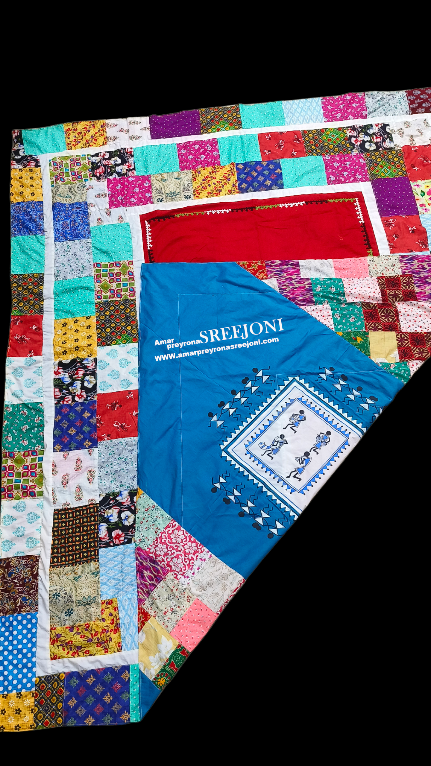 hand embroided and fabric work pure cotton both side usable double bed size multicolor long kantha