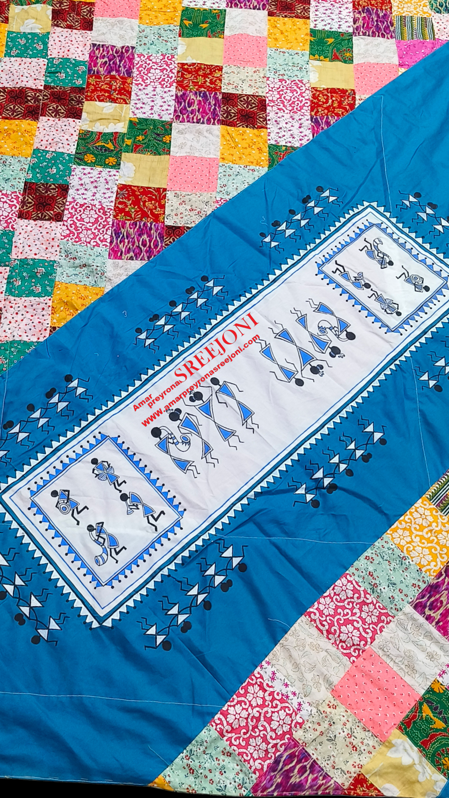 hand embroided and fabric work pure cotton both side usable double bed size multicolor long kantha