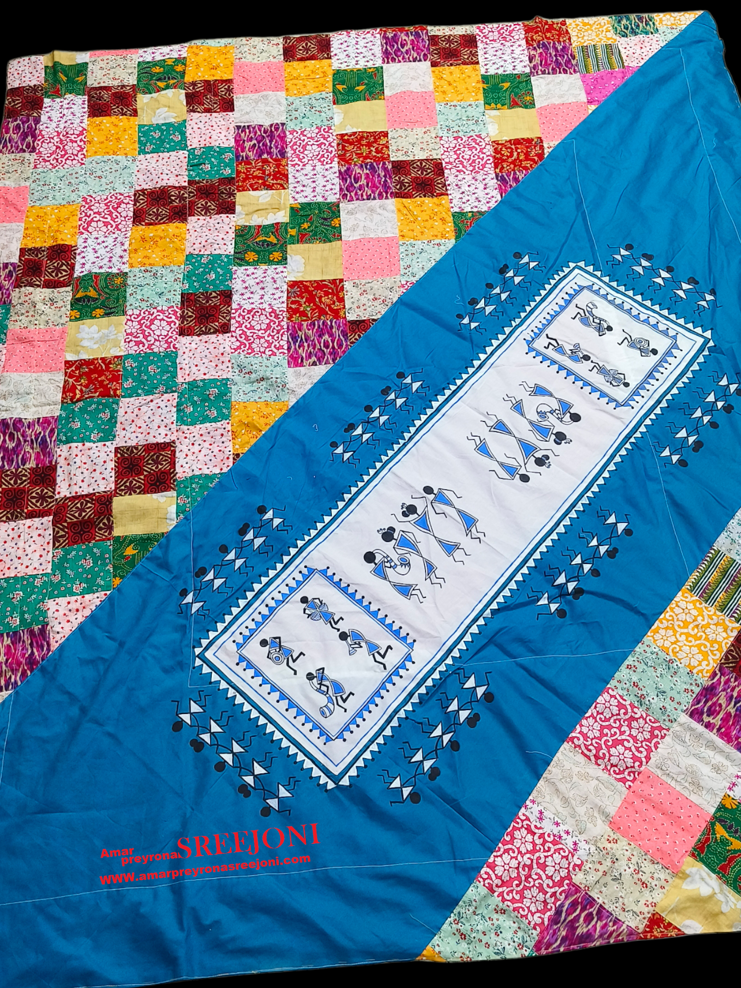 hand embroided and fabric work pure cotton both side usable double bed size multicolor long kantha