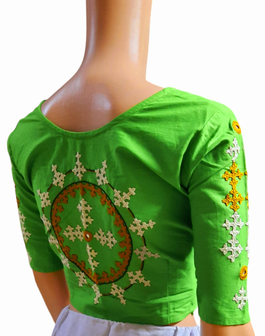 Hand embroided pure cotton font hook green color blouse