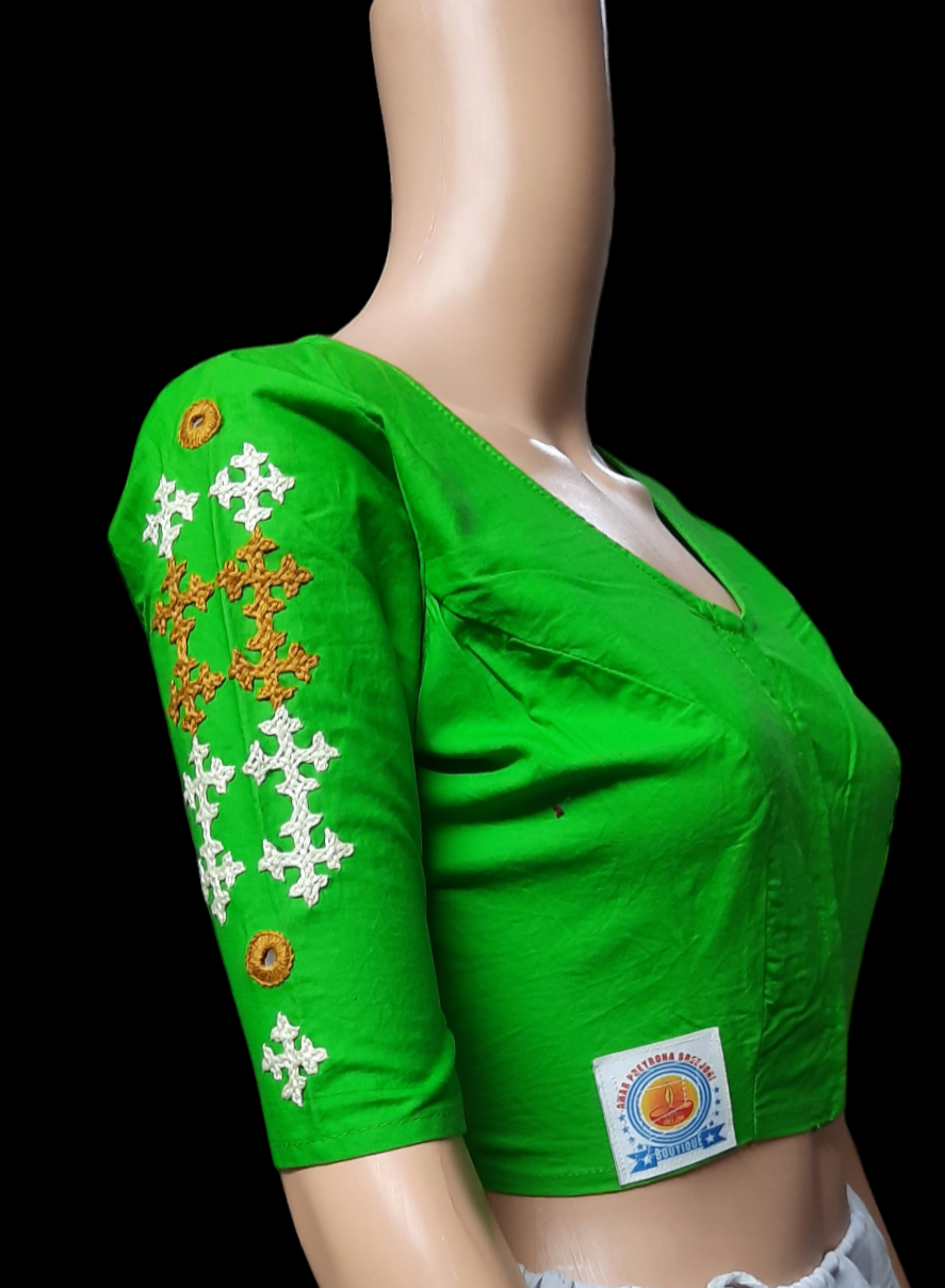Hand embroided pure cotton font hook green color blouse
