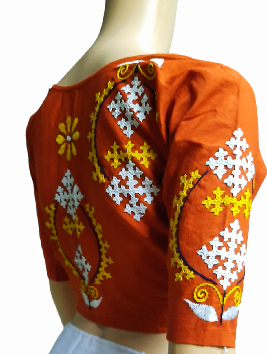 Hand embroided pure cotton orange color front hook round neck blouse